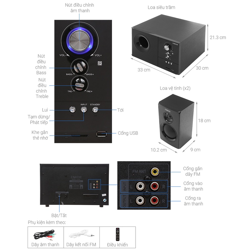 Loa vi tính Bluetooth Enkor S2880 Đen 2.1 Kênh 60W, BASS MẠNH ÂM THANH SỐNG ĐỘNG