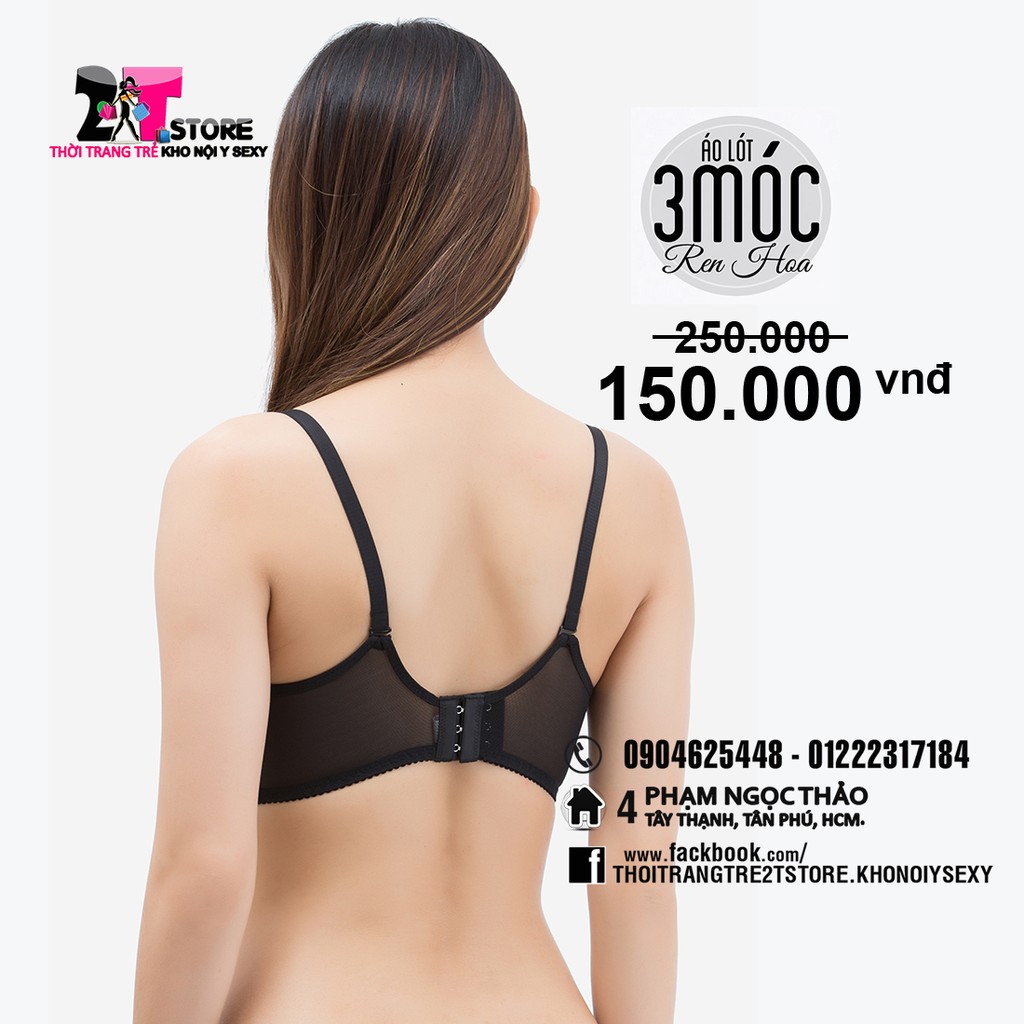 Áo Nâng Ngực Cotton 3 Móc Phối Ren (Đen)