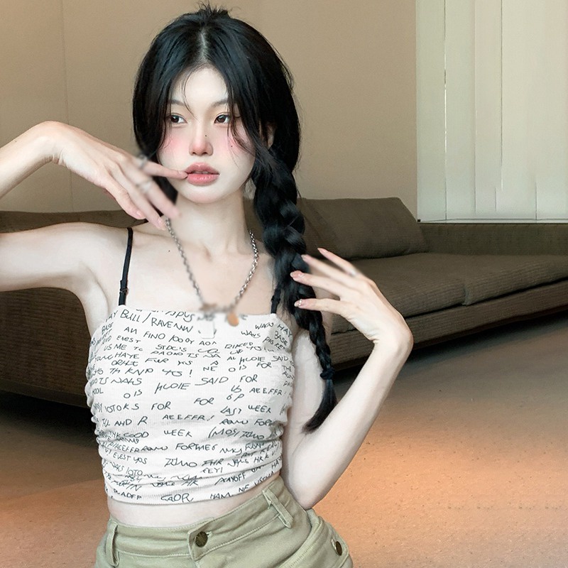 Áo Croptop Hai Dây Ôm Dáng In Chữ Phong Cách Hàn Quốc Thời Trang Mùa Hè Cho Nữ