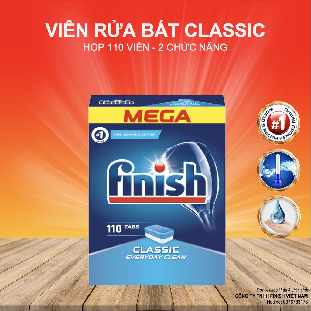 Combo 05 Món Viên Rửa Chén Finish Classic Mega Rửa Cực Sạch Nhập Khẩu Châu Âu Chính Hãng 110 Viên/hộp