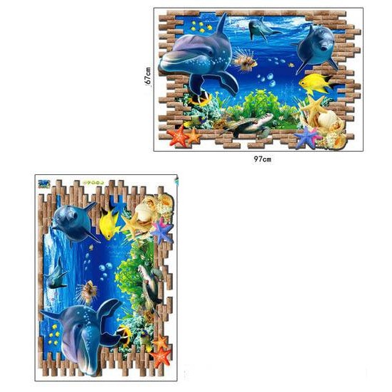 Decal trang trí tường 3D Cá heo - DCS009 - có keo sẵn, hình ảnh sắc nét