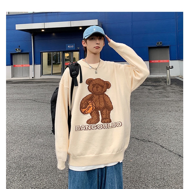 Áo sweater dệt kim dáng rộng in hình gấu hoạt hình kiểu Nhật Bản thời trang thu đông cho nam