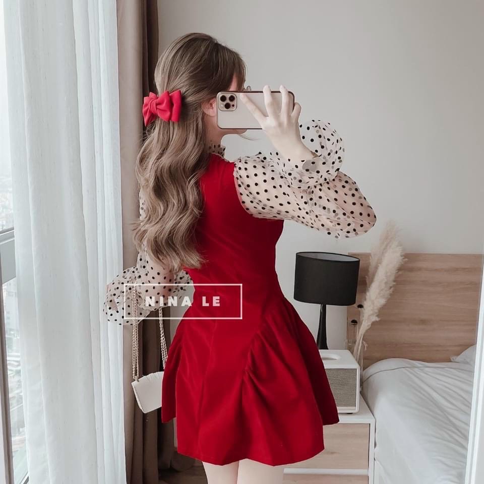 Đầm tay dài phối lưới chấm bi dáng xòe dễ thương phù hợp đi tiệc đi chơi siêu xinh thời trang nữ STCothing