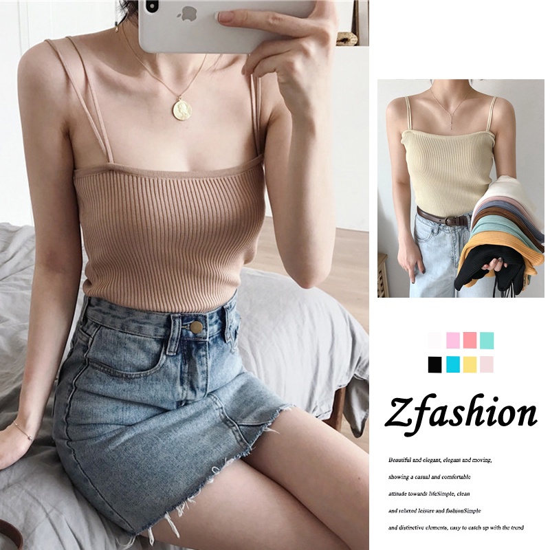 Áo Hai Dây Dệt Kim Màu Trơn Thời Trang Mùa Hè Hàn Quốc 8 Màu Tùy Chọn