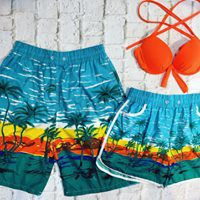 (Giảm giá)Set bikini đôi, cặp hoạ tiết hàng dừa hoàng hôn, nữ 42-60kg, nam 50-90kg