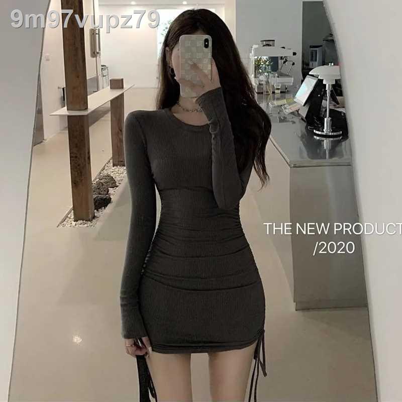 Đầu mùa thu khí chất váy cơ bản gió lạnh của phụ nữ cao cấp cảm giác túi hông ngắn sexy bó sát dây rút dài t