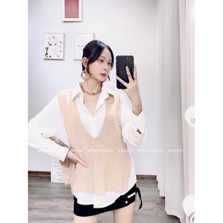 Set áo gile len cổ V + Sơ mi