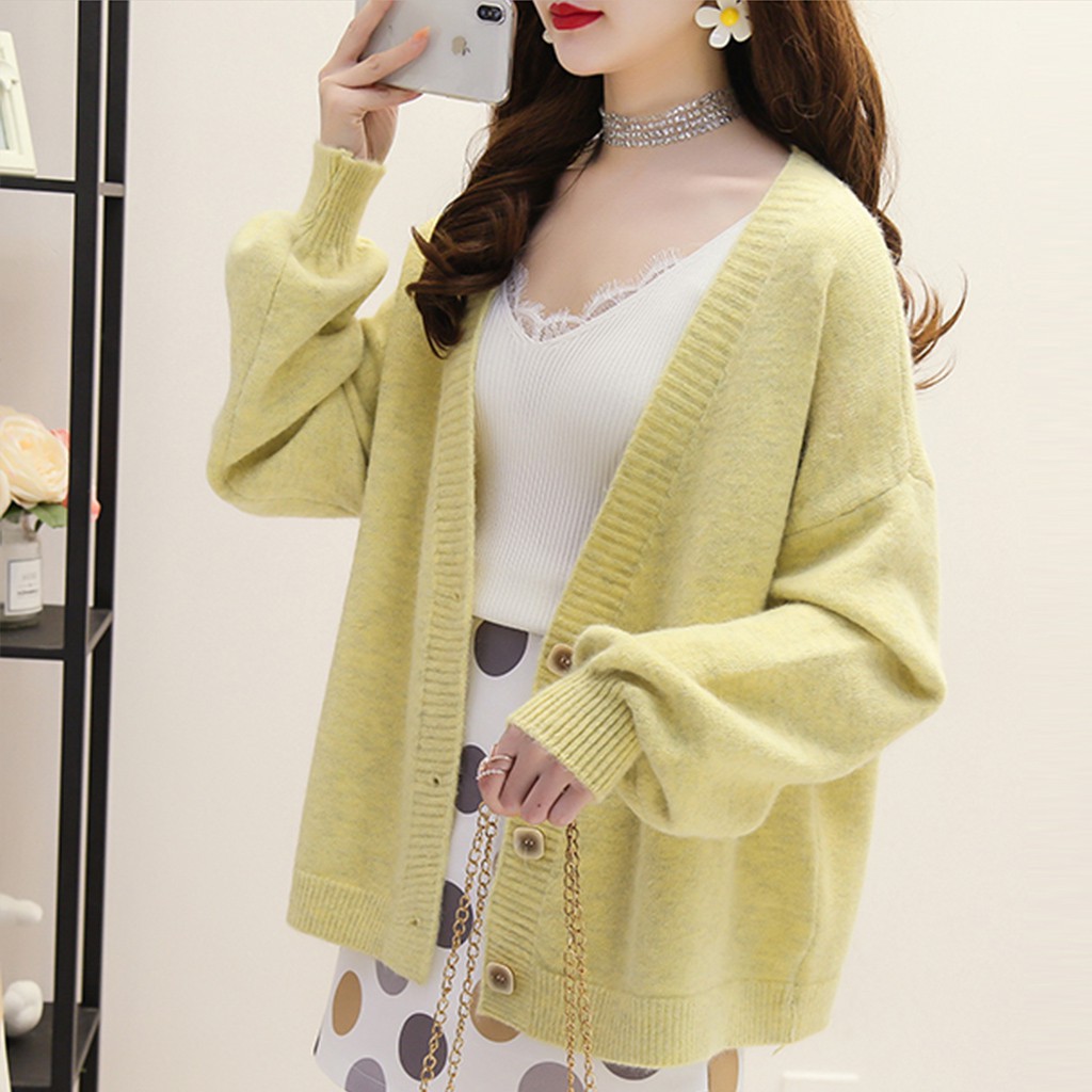 New [Hàng đẹp] 💖Áo Cardigan khoác len basic dáng ngắn cổ chữ V, tay bồng hàng quảng châu cao cấp Mua Hàng Ngay