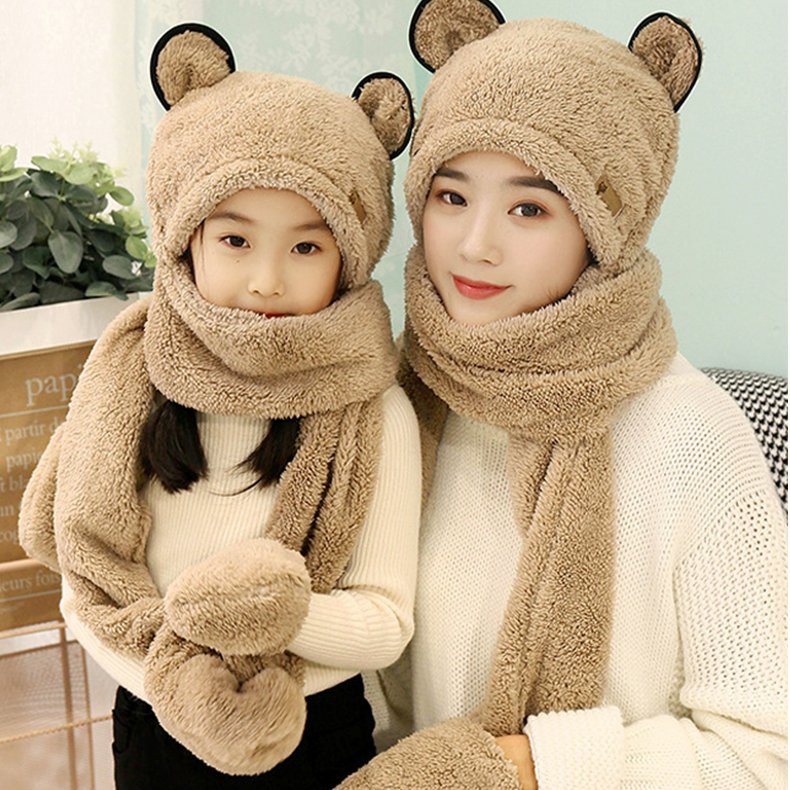 Mũ lông cừu kèm khăn và găng tay siêu ấm cho mùa đông -Thích hợp cho mẹ và bé