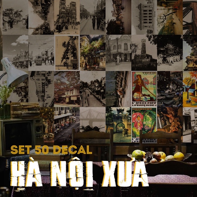 Set decal dán tường Hà Nội Xưa, Decal decor phòng ngủ, số lượng 24,50 tấm, trang trí phòng kích thước mỗi tấm khổ A5