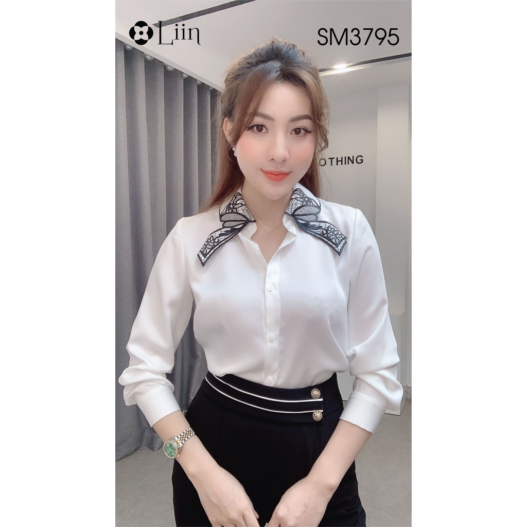 Áo Sơ Mi form công sở thiết kế Trắng cách điệu Cổ Thêu họa tiết xinh xắn Liin Clothing SM3795