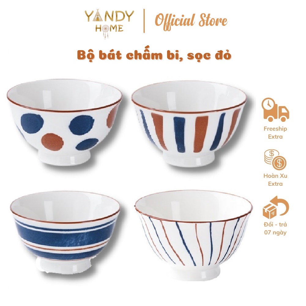 Bát con ăn cơm gốm sứ YANDY HOME B02 men đẹp bóng họa tiết chấm bi kẻ sọc giá rẻ