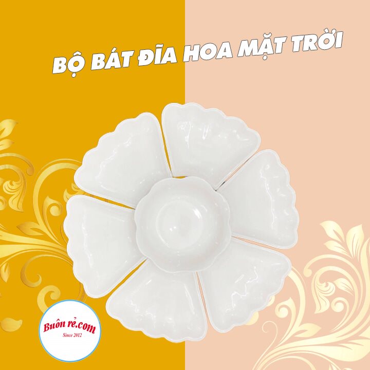 Bộ bát đĩa Hoa Mặt trời sứ cao cấp màu trắng sang trọng - Set bát đĩa hoa mặt trời đẹp thắp hương 01517