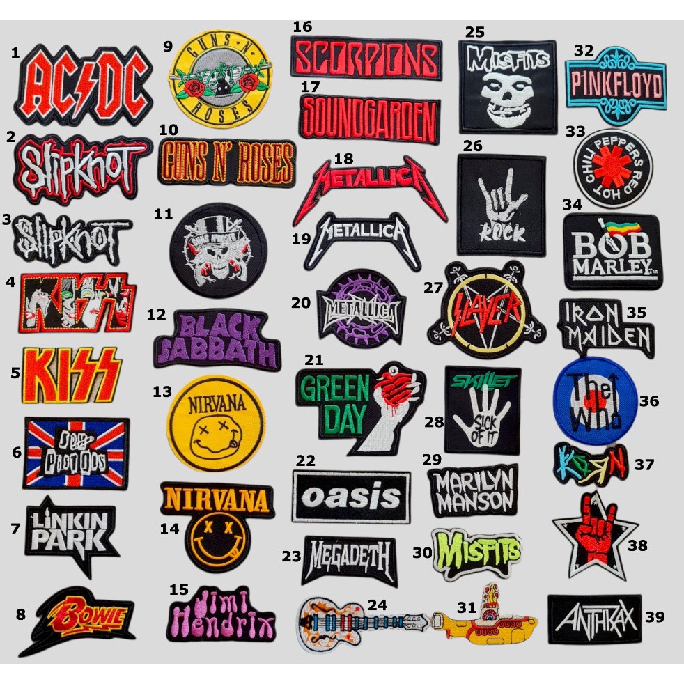 Patch vải ủi nhiệt thêu logo nhóm nhạc Rock Band ACDC KISS Nirvana Metallica Misfits S492