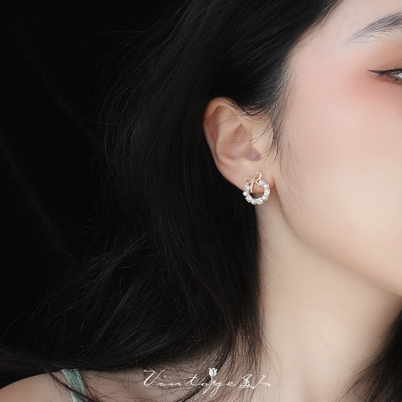 Khuyên tai kim bạc S925 đính hạt ngọc trai giả phong cách Pháp tùy chọn cho nữ