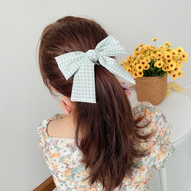 Kẹp Tóc Nơ Vải Kẻ Sọc Phối Màu Ulzzang Xinh Xắn Cho Bạn Gái