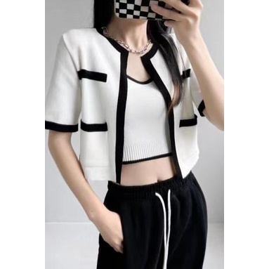SUXI Mới Áo Cardigan Dệt Kim + Áo Croptop Phối Màu Tương Phản Đơn Giản Phong Cách Hàn Quốc