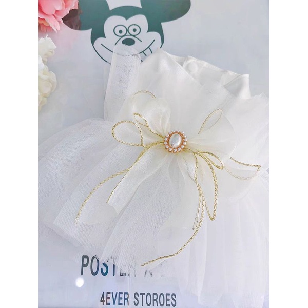 Đầm Váy Cưới Trắng Cho Chó Mèo Thú Cưng, Đầm Công Chúa Đính Nơ Phối Lưới Cao Cấp Hàng Thiết Kế