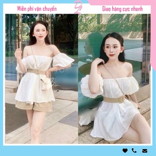 Set đồ nữ 3 món 🔥 set quần áo nữ ️🎈HÌNH THẬT️️ ️🎈 set trễ vai tay phồng phối quần kaki đùi tặng kèm đai nịt vải đũ
