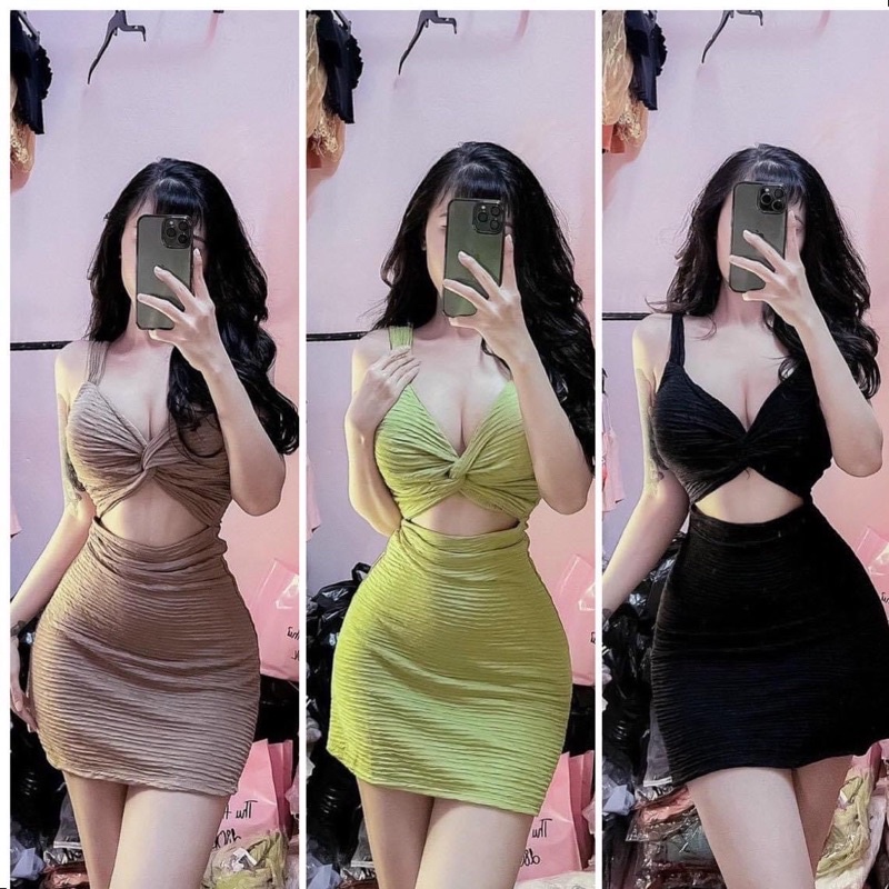 Đầm body xoắn ngực chất vải xốp gân y hình