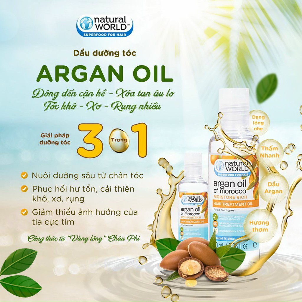 Dầu dưỡng tóc Argan oil of Morocco NATURAL WORLD Chiết Xuất Dầu Argan Dưỡng Ẩm 100ml - KOCODA