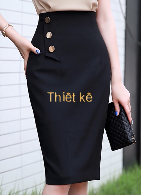 Chân váy bút chì lưng cao thiết kế phối nút phong cách LC19 chất liệu vải nhập có độ co giản tốt. | BigBuy360 - bigbuy360.vn