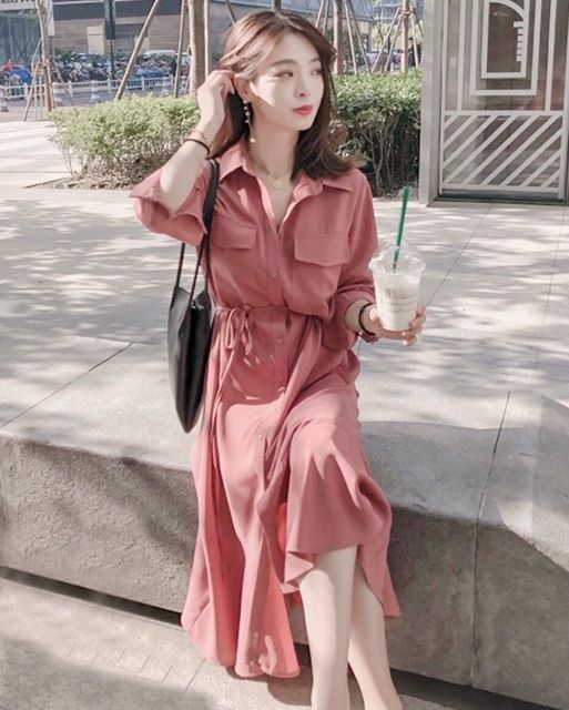 Đầm Nữ Hồng Ruốc Dáng Dài Cột Eo