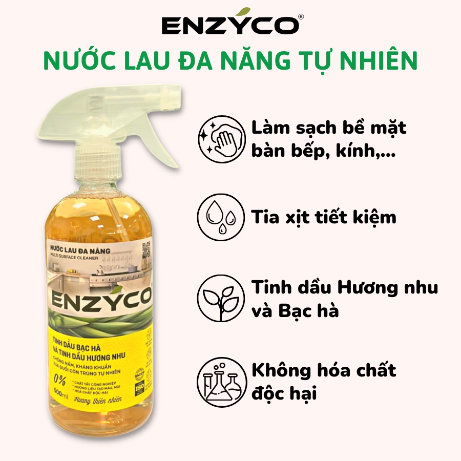 Nước Lau Đa Năng  Enzyco Tinh Dầu Bạc Hà Làm Sạch Vết Dầu Mỡ, Tạo Mùi Thơm, Kháng Khuẩn An Toàn Lanh Tính Cho Da 500ML