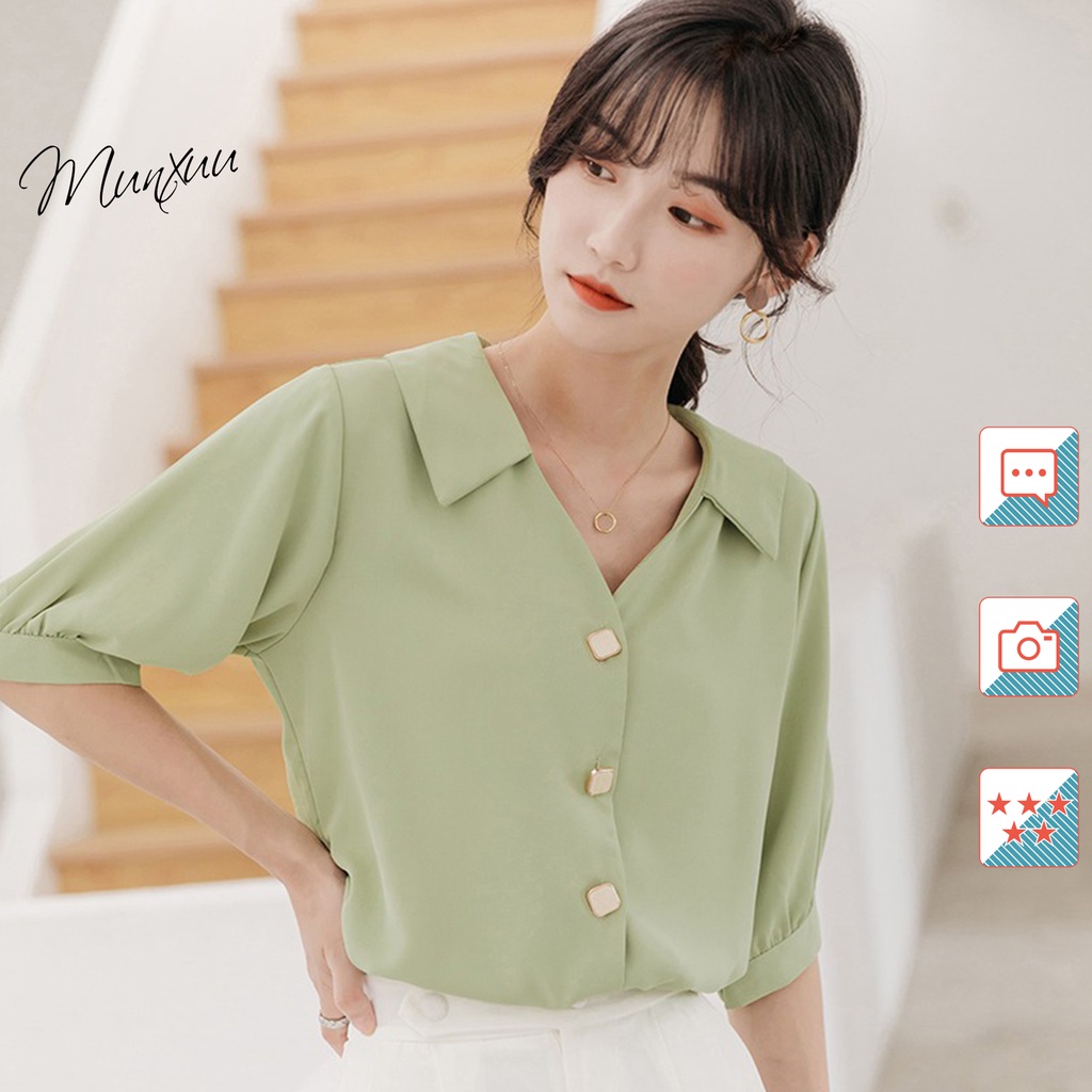 Áo sơ mi nữ kiểu Munxuu tay áo ngắn bồng nhẹ, chất liệu mềm mại chống nhăn thời trang công sở - SP44