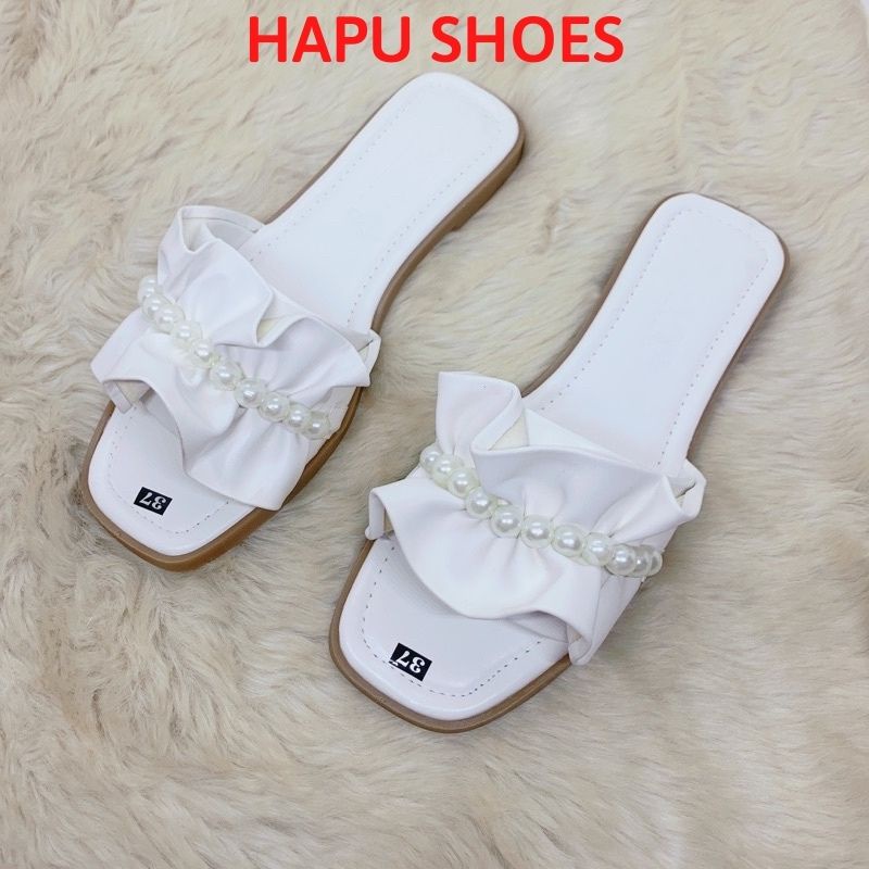 Dép lê nữ quai ngang, dép thời trang nhún nơ bèo đính ngọc HAPU Shoes