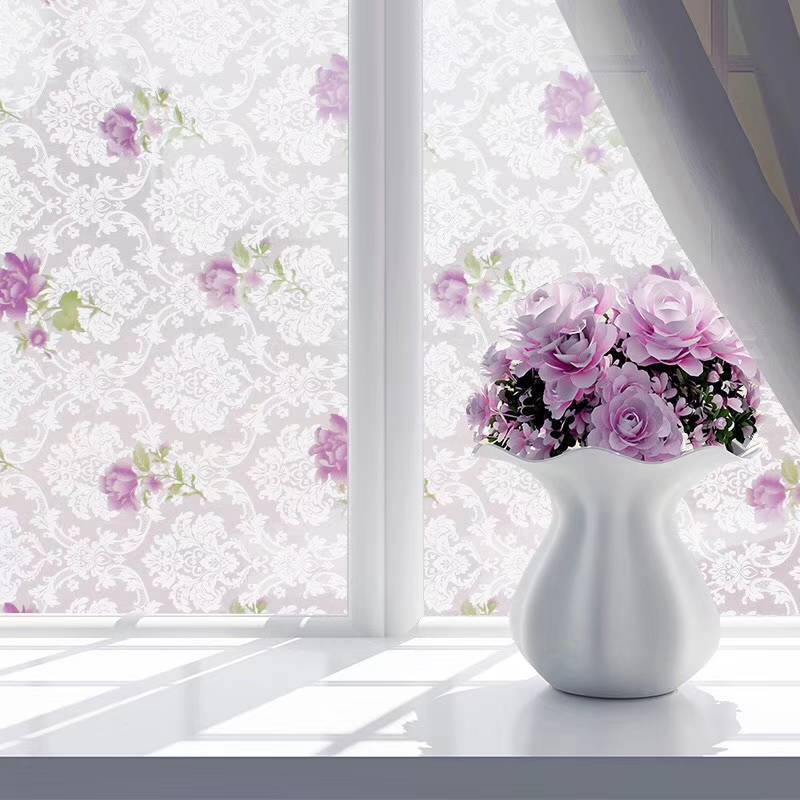 Decal giấy dán kính đóa hồng màu tím khổ 45cm keo sẵn