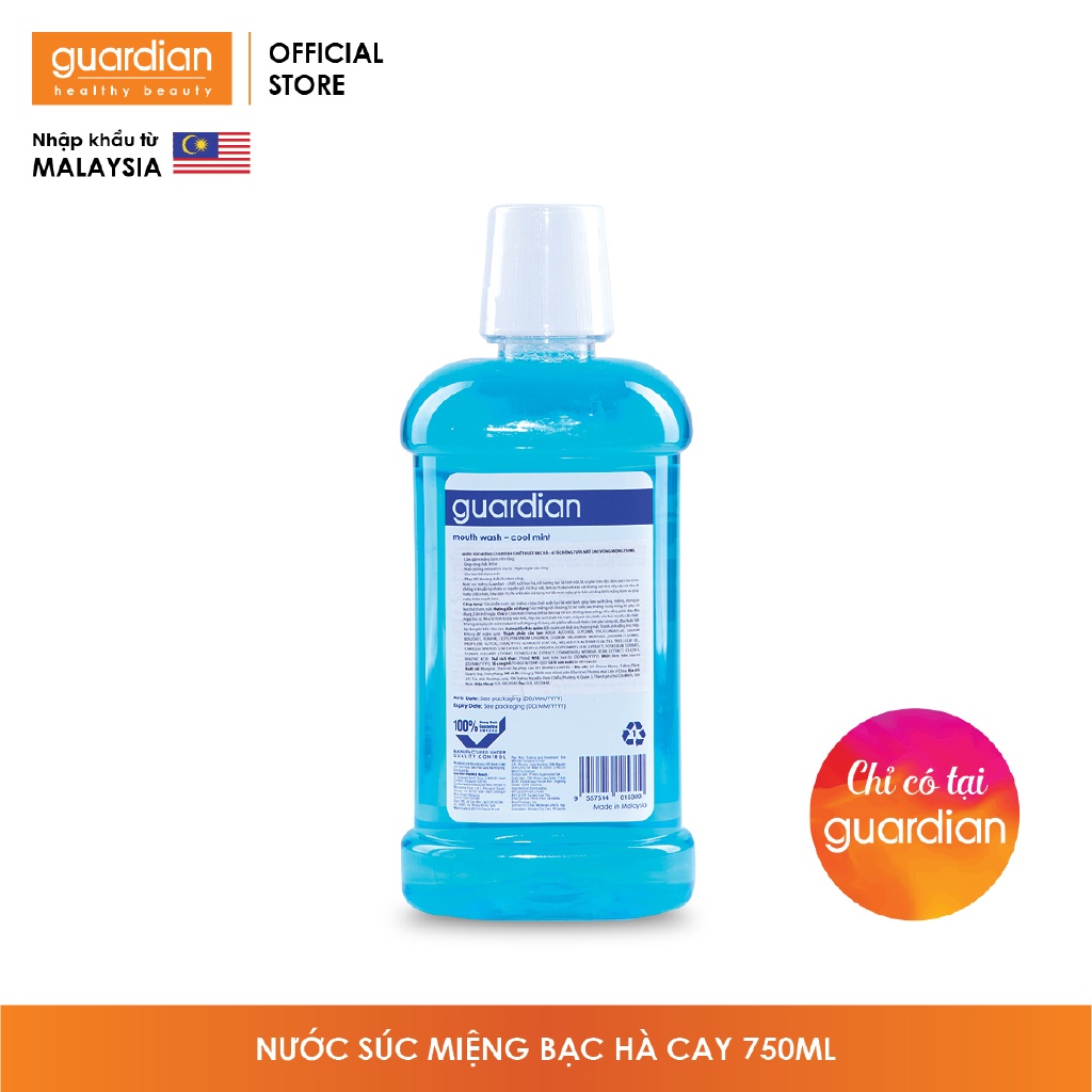 Nước súc miệng Guardian chiết xuất lá Bạc Hà (Cool Mint) – 6 tác động tươi mát cho vùng miệng (750ml)