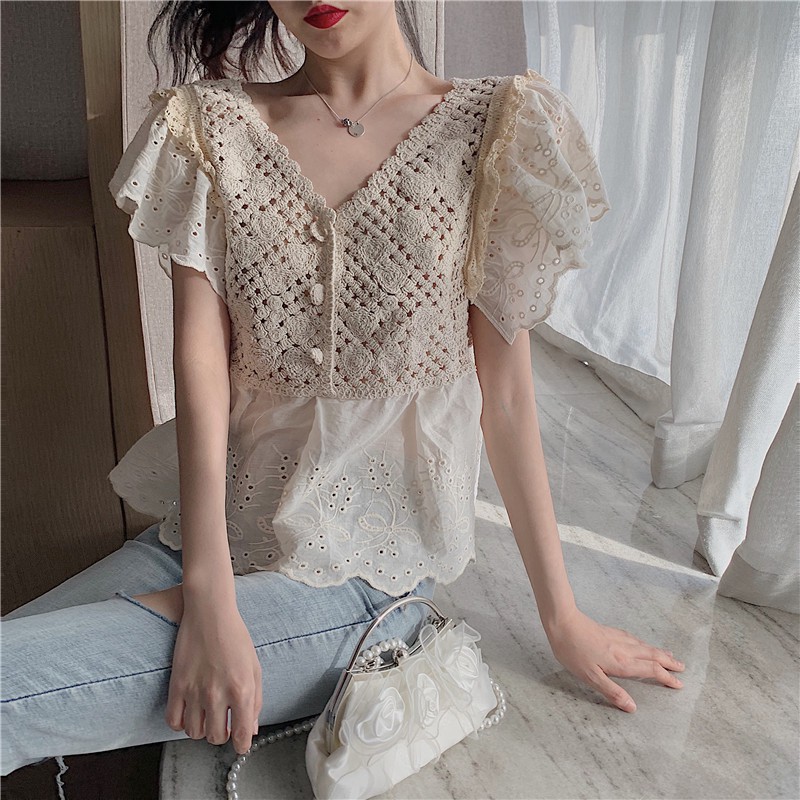 (CÓ SẴN) Áo nữ Phiên bản Hàn Quốc của crochet ren thêu hoa sen hàng rào V-cổ áo len rỗng áo nữ (Kèm ảnh thật)