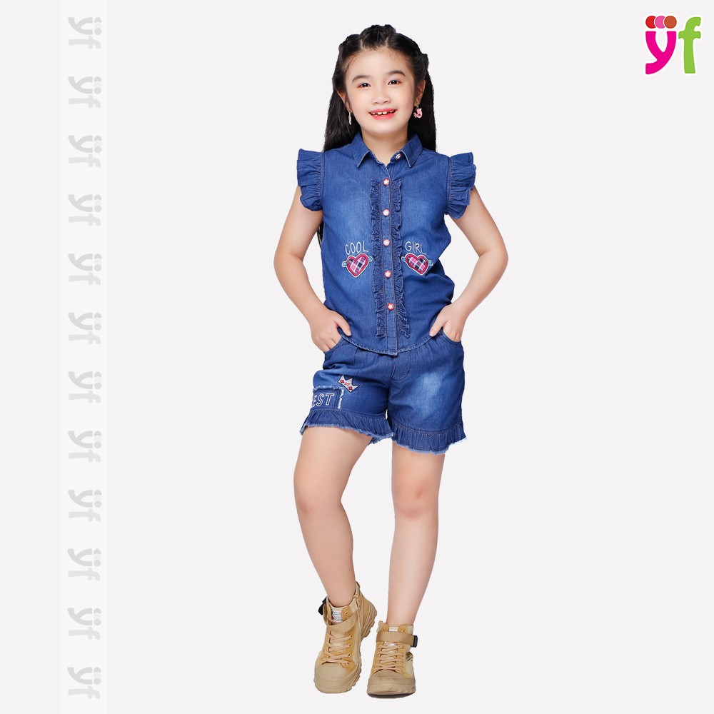 Áo bé gái tay bèo YF, vải jean cotton, đủ size 12-55KG 9AX534