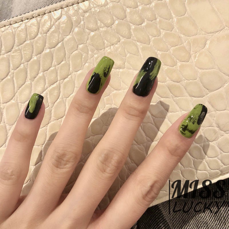 (Hàng Mới Về) Set 24 Móng Tay Giả Hình Tròn Màu Xanh Đen Độc Đáo