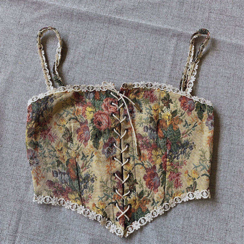 Áo Crop Top Hai Dây In Họa Tiết Hoa Phong Cách Vintage Thời Trang Mùa Hè Cho Nữ