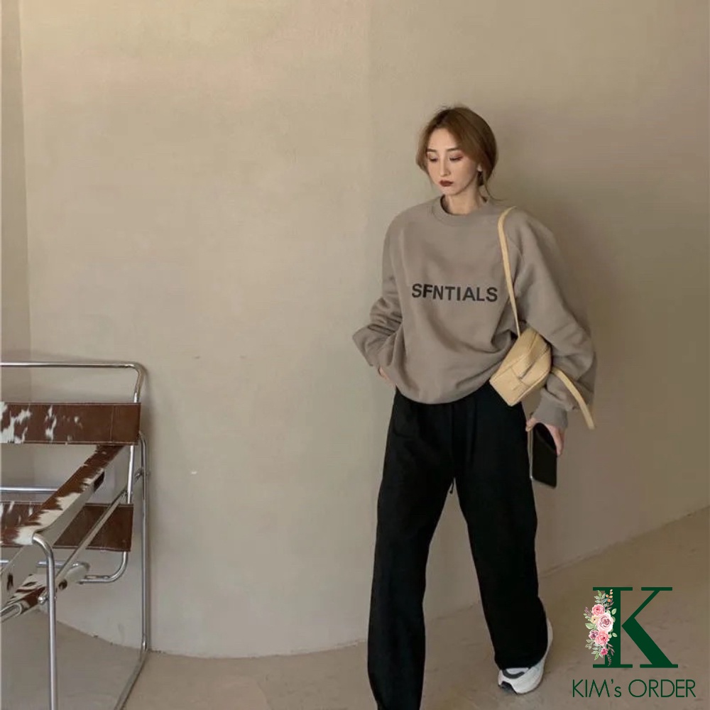 Áo sweater nữ nỉ bông màu nâu cổ tròn dài tay chữ SFNTIALS phong cách Ulzzang Unisex form rộng Quảng Châu cao cấp