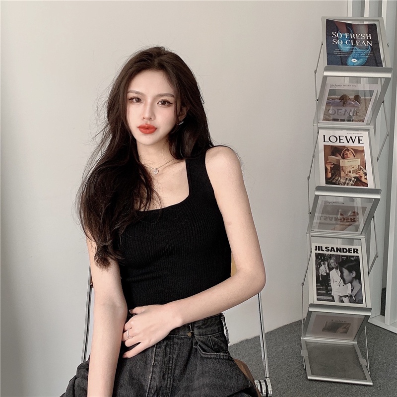 Porozi  Áo croptop  dệt kim không tay dáng ôm phong cách Hàn Quốc