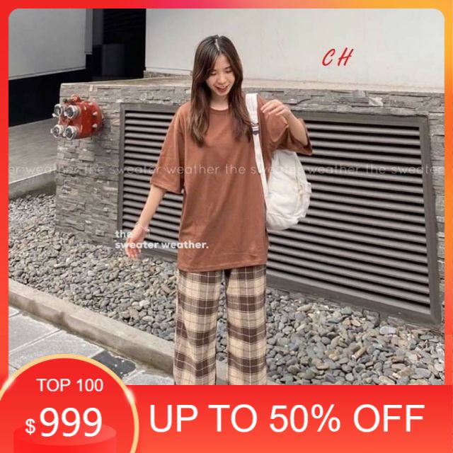 Sét Áo nâu Quần Kẻ . Áo thun nam nữ, quần kaki, quần nữ, sét bộ mặc ở nhà, áo thun tay dài, quần jean ống rộng MODY