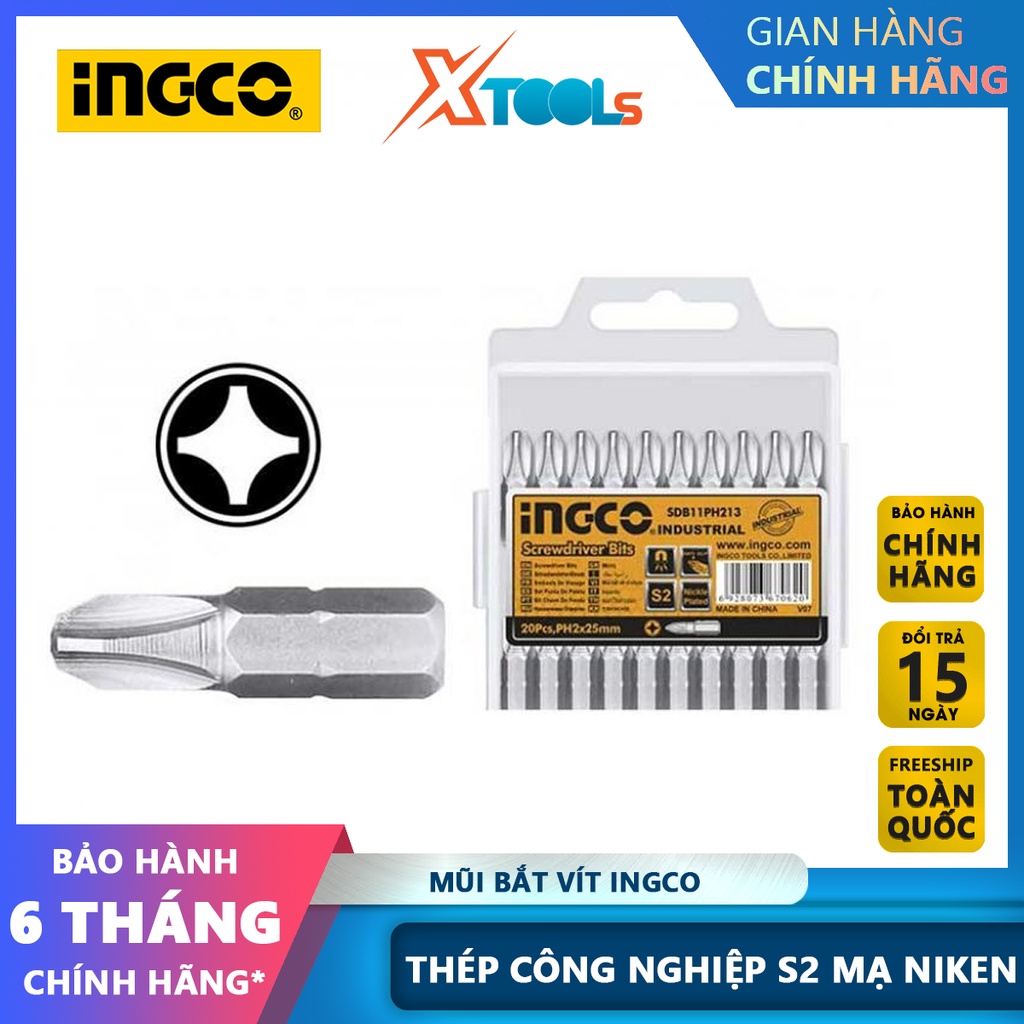 Mũi bắt vít INGCO đầu vít PH1-PH2-PH3 dài 25mm, chất liệu thép công nghiệp S2 mạ niken không gỉ [CHÍNH HÃNG][XTOOLS]