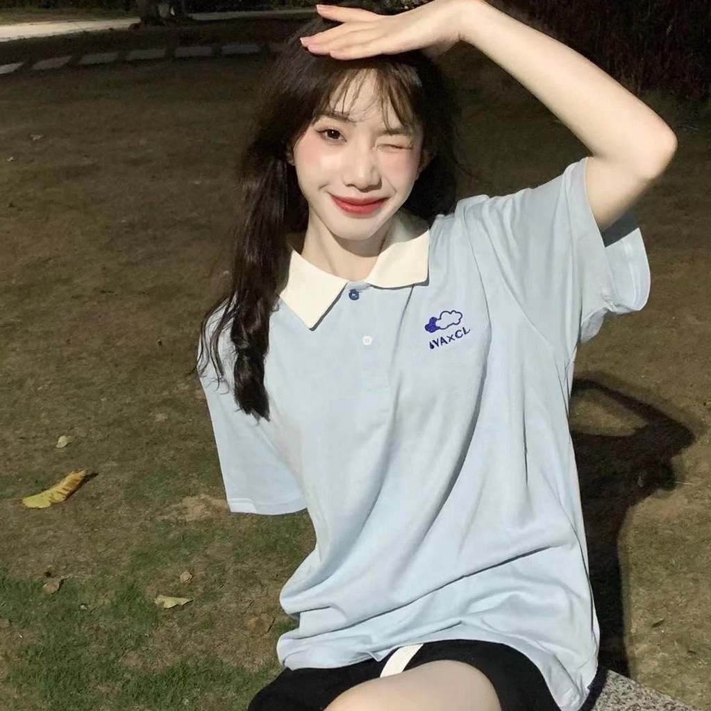 Korean style retro College Style young polo collar cloud loose short-sleeved T-shirt women's ins half-sleeved T-shirt student fashion