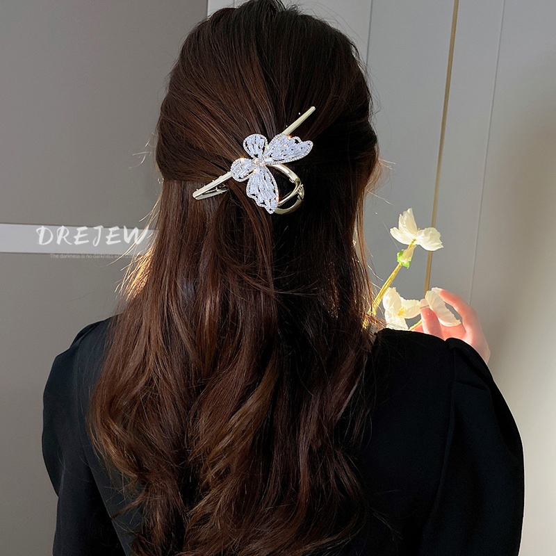 DREJEW Kẹp Tóc Hình Bướm Lưng Đính Đá Zircon Kiểu Dáng Ngọt Ngào Hợp Thời Trang