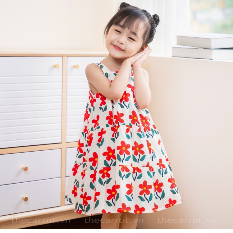 Váy Bé Gái Carrot Hai Dây, Họa Tiết Hoa Đỏ, Chất Liệu Thô Cotton Thấm Hút Mồ Hôi