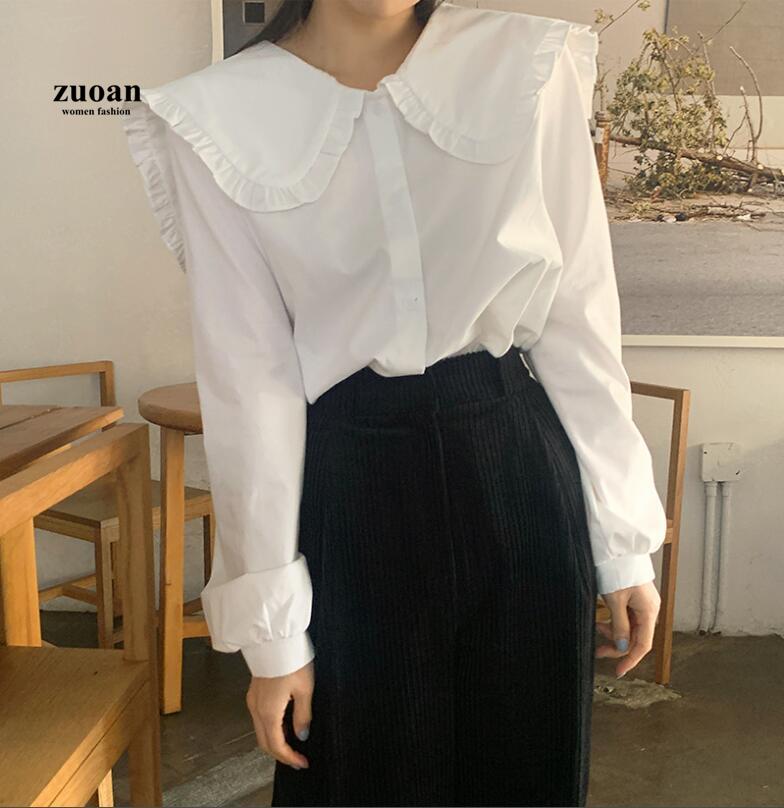 SUXI Áo Sơ Mi Trắng Cổ Bèo Dáng Rộng Phong Cách Hàn Quốc Cho Nữ