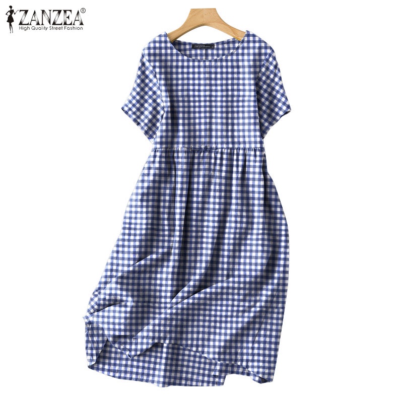 Đầm nữ ZANZEA ngắn tay cổ tròn form rộng họa tiết ca rô thời trang