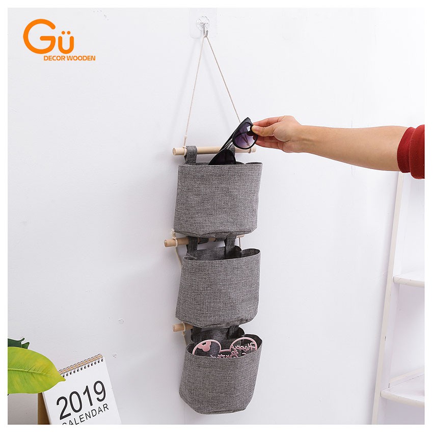 Túi giỏ vải đựng đồ treo tường, đựng đồ cá nhân vintage có chia ngăn decor trang trí nhà cửa - GU DECOR WOODEN