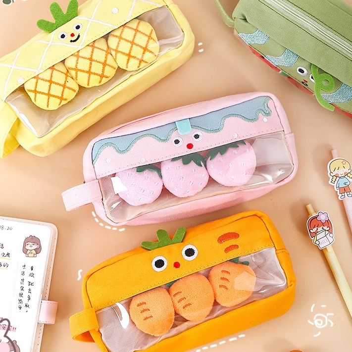 (Thaosi8420) Hộp đựng bút, túi đựng bút vải khóa hoa quả kèm tag, sticker bông KT 22*9
