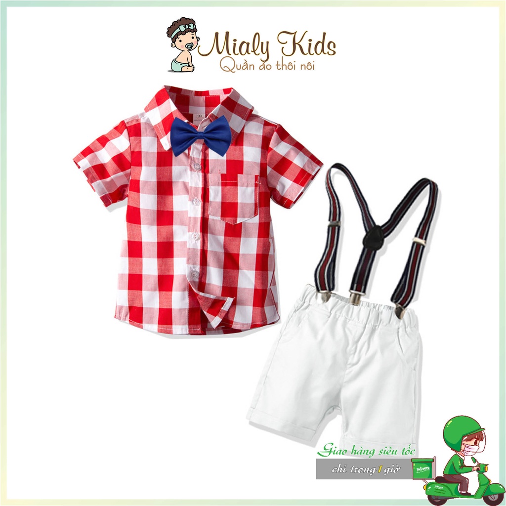 Set yếm và áo caro đỏ Mialy kids (13-21Kg) cho bé trai chụp ảnh, thôi nôi, sinh nhật - Vải thoáng mát cho bé hoạt động