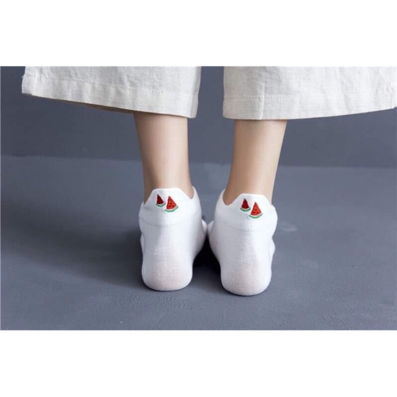Vớ ngắn, tất ngắn, có đỡ gót thêu trái cây chất cotton thoáng mát, thấm hút mồ hôi_hình thật