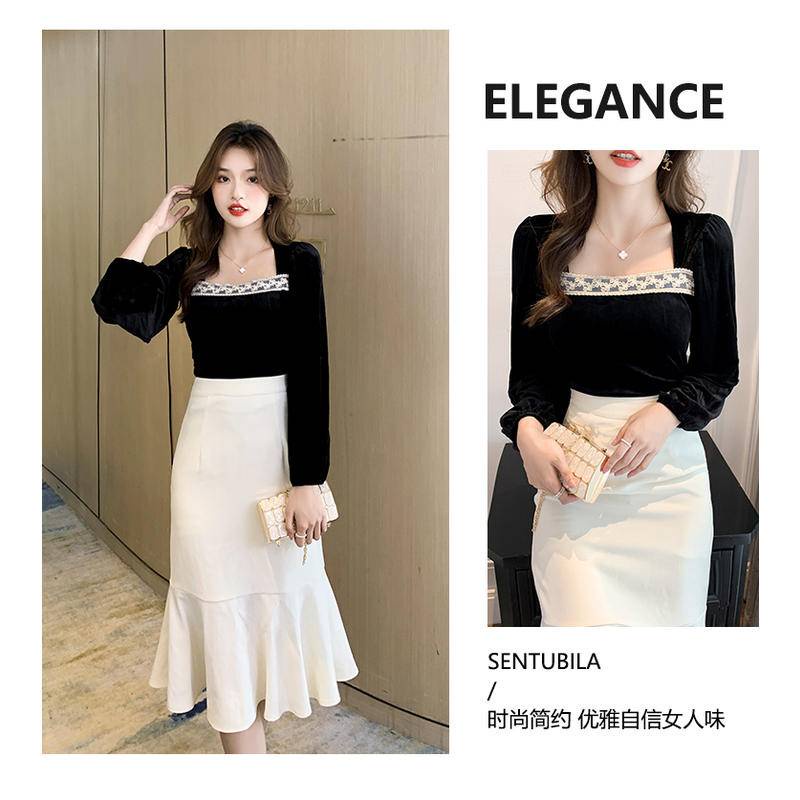 Áo nhung ngắn cổ vuông ôm dáng phong cách Retro Pháp